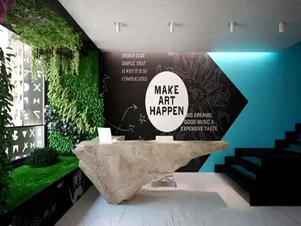 有氣派的公司前廳，墻面的色彩工藝前臺(tái)背景墻都是這么設(shè)計(jì)的